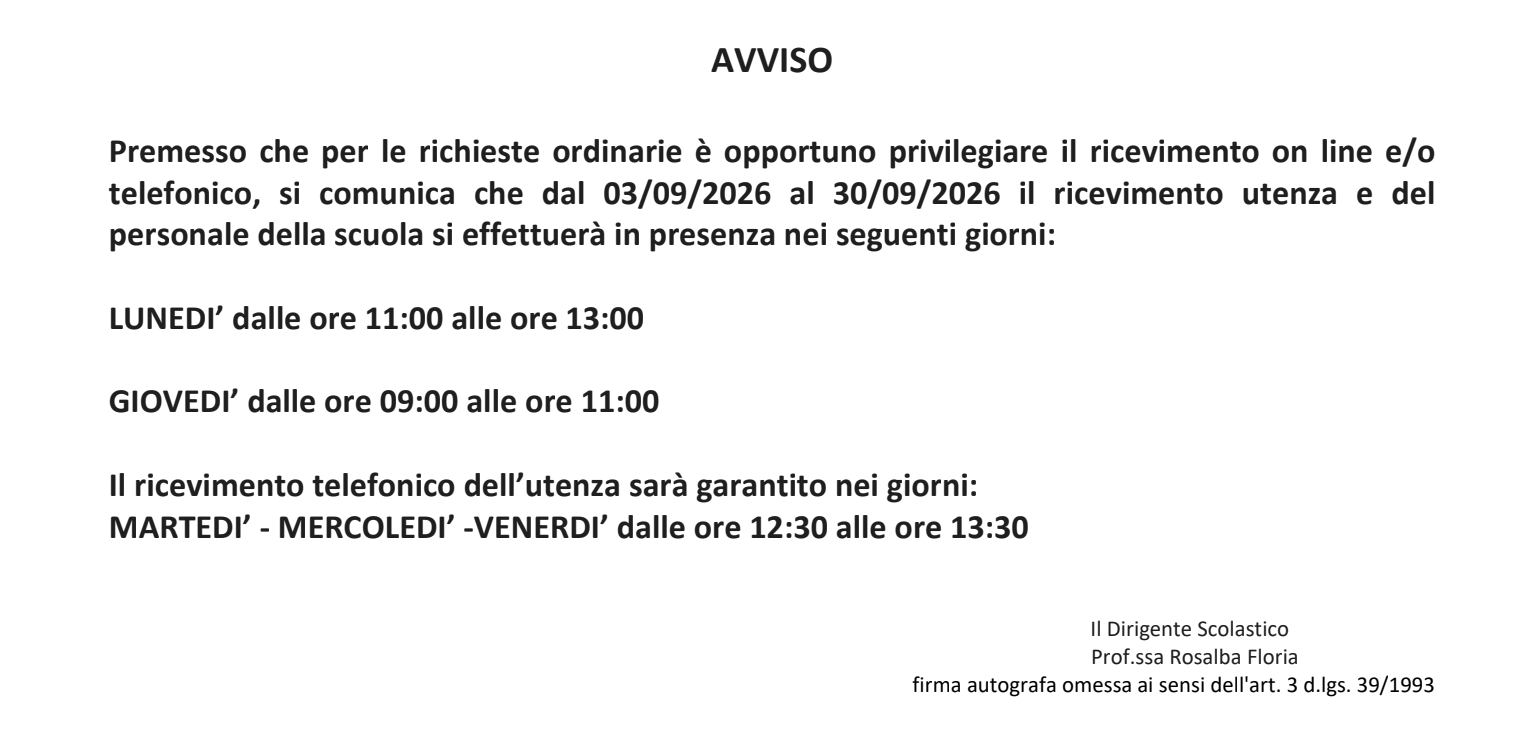AVVISO ricevimento utenza e del personale della scuola